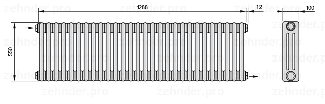 Схема (чертеж) Радиатор Zehnder Charleston 3055/28 №1670 Белый глянцевый RAL 9016